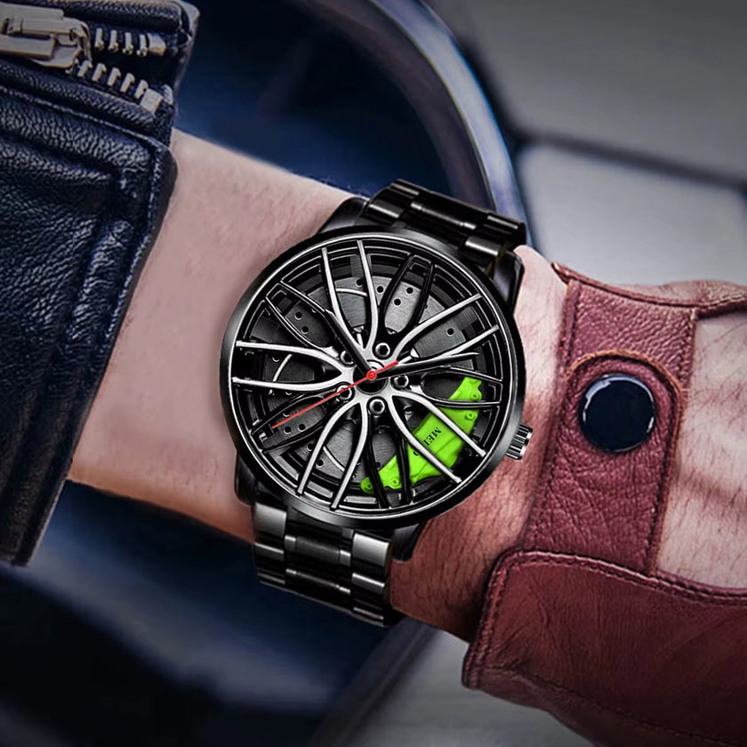 Car Watches for Men Waterproof Stainless Steel Quartz Wrist Watch Sports Men'S Watches with Car Wheel Rim Hub Design