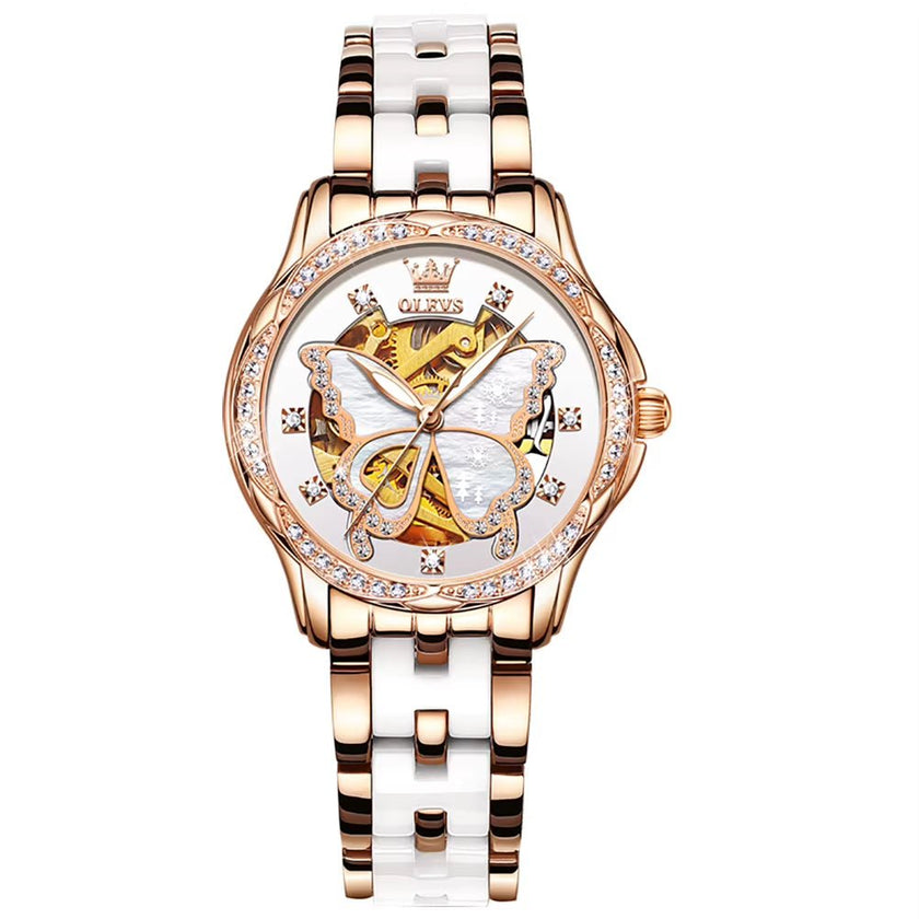 Automatic Watches for Women Luxury Rose Gold Skeleton Mechanical Waterproof Luminous Women Bracelets Watches Elegant Set