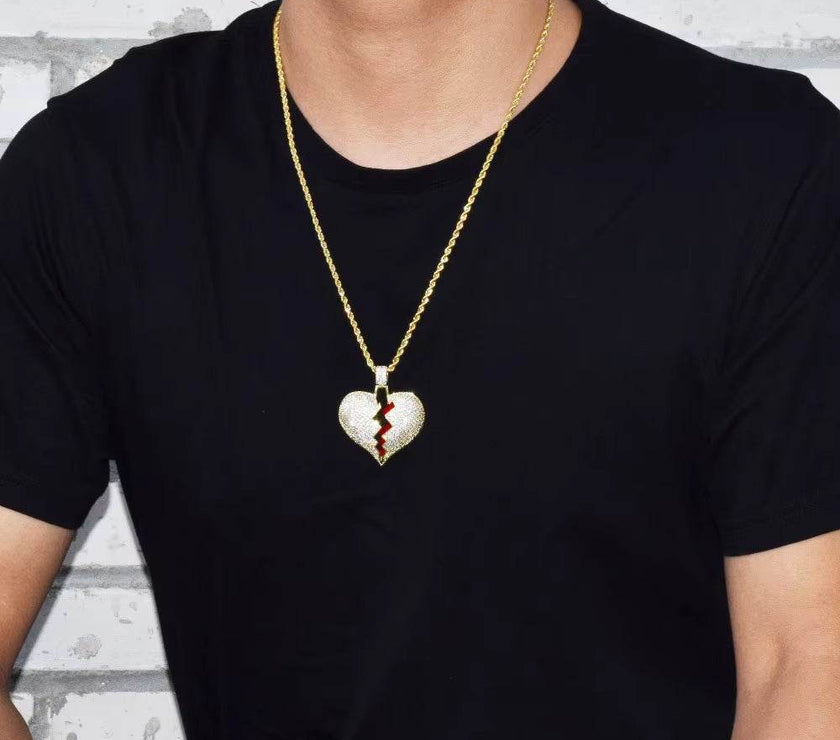 Broken Heart Necklace & Pendant Charms Chain for Men Real Gold Plated Hip Hop Jewelry
