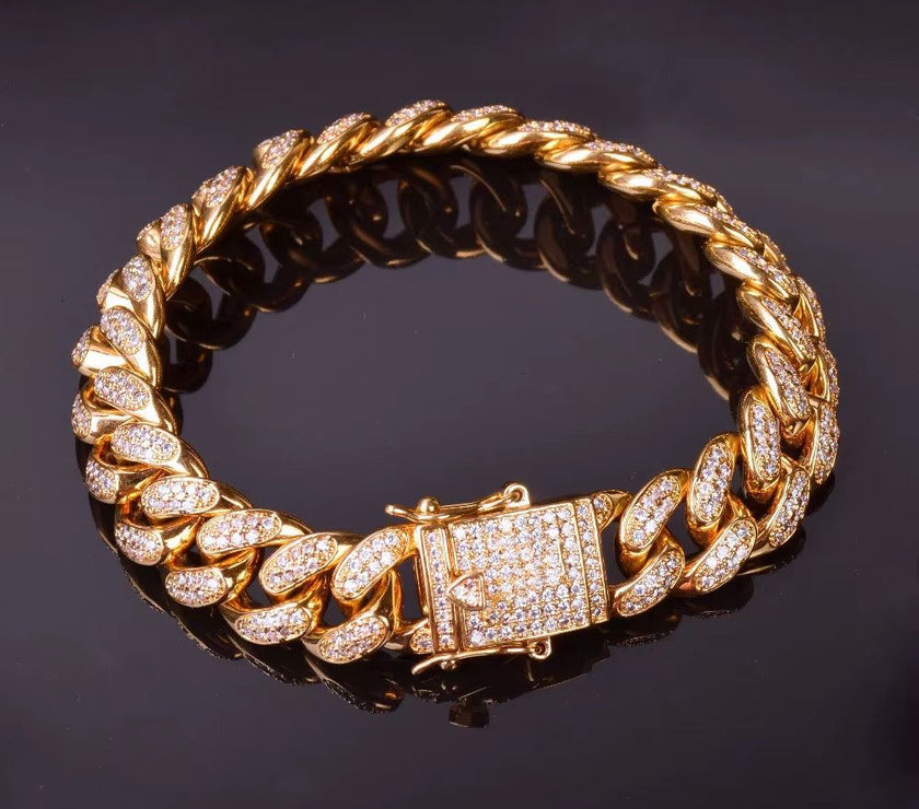 Miami Cuban Link Bracelet for Men Real Gold Plated Hip Hop Jewelry