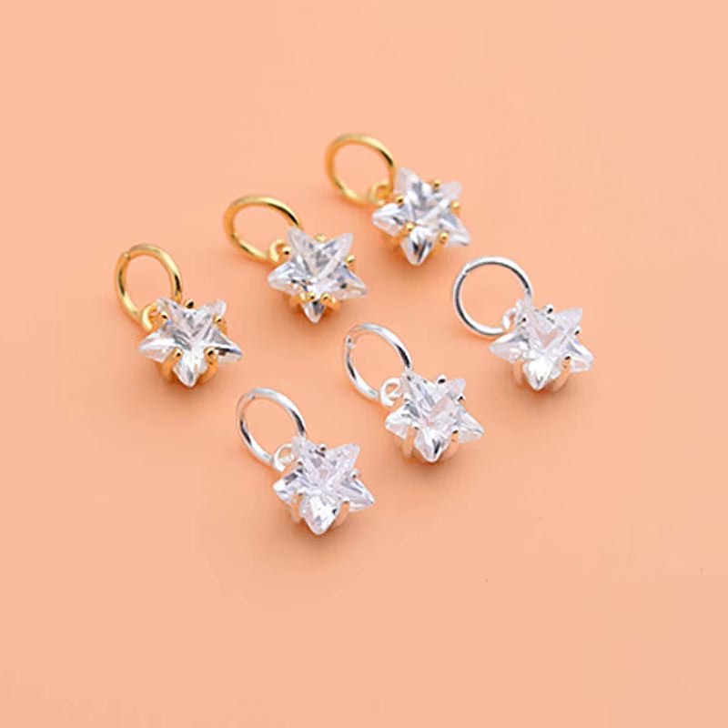 Real Solid 925 Sterling Silver Real Pure Solid 925 Sterling Silver Pendant Star Cubic Zircon Gold Suspension Necklace Bracelet Jewelry Making Findings Charms
