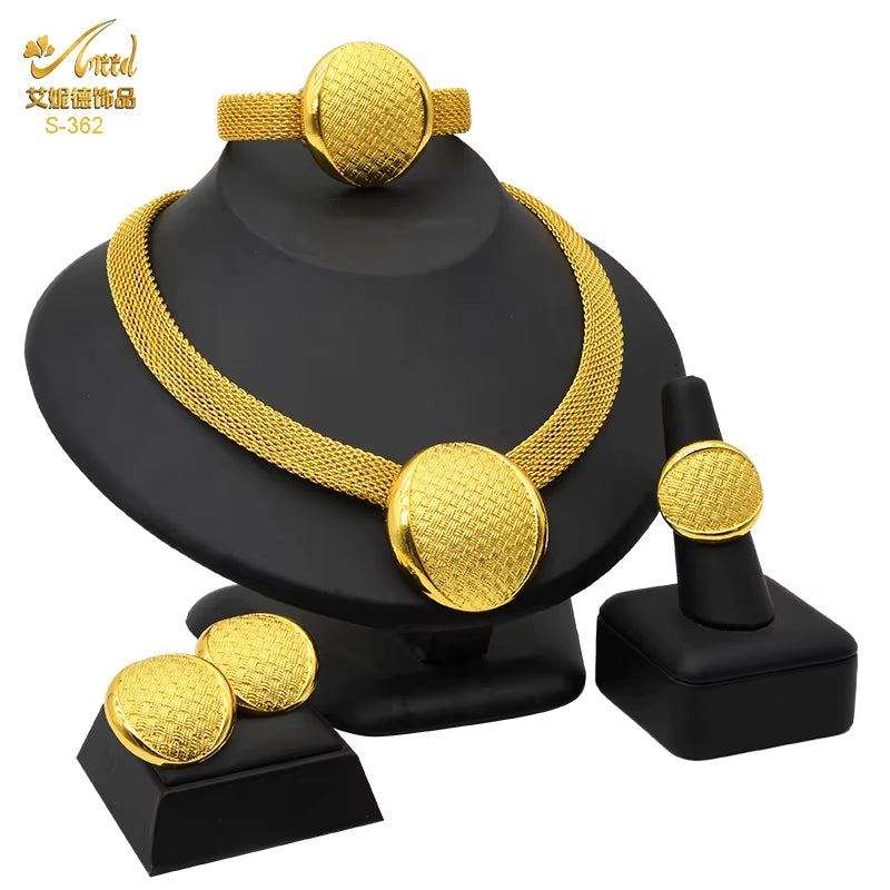 Dubai 24K Gold Color Jewelry Set for Women African Nigerian Necklace Set Earrings and Bracelets Bridal Indian Fashion