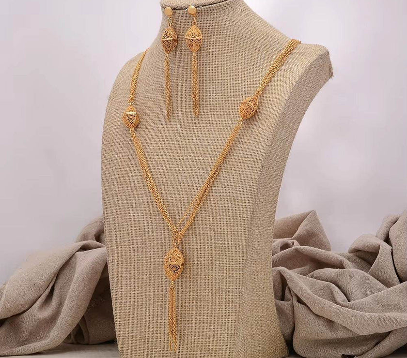 Fashion New Gold Color Wedding Jewelry Set Party Bride Women with Earrings Necklace