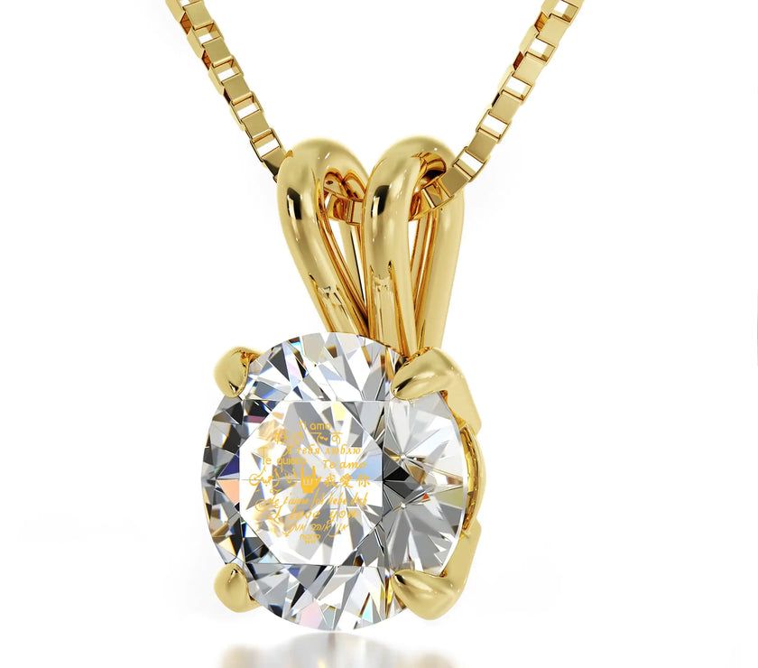 Gold Plated Silver I Love You Necklace Solitaire Pendant 12 Languages 24k Gold Inscribed