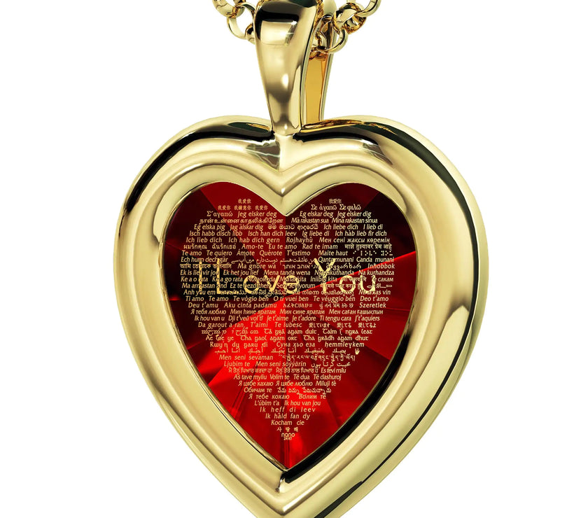 Gold Plated Silver Heart Pendant I Love You Necklace 120 Languages 24k Gold Inscribed