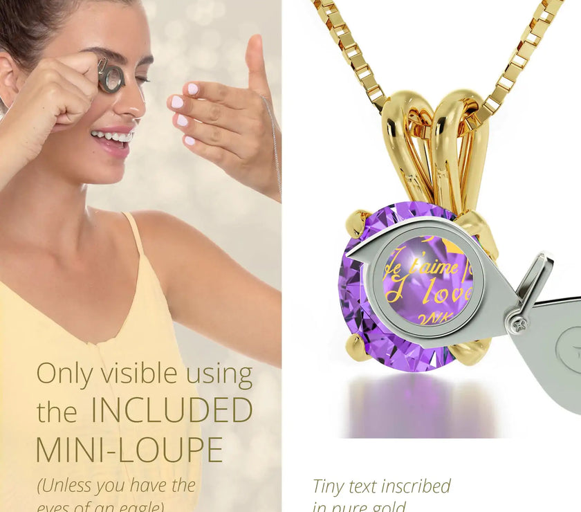 Gold Plated Silver I Love You Necklace Solitaire Pendant 12 Languages 24k Gold Inscribed