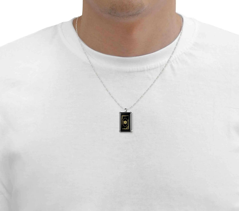 Men's Star of David Necklace Shema Israel Pendant 24k Gold Inscribed on Onyx