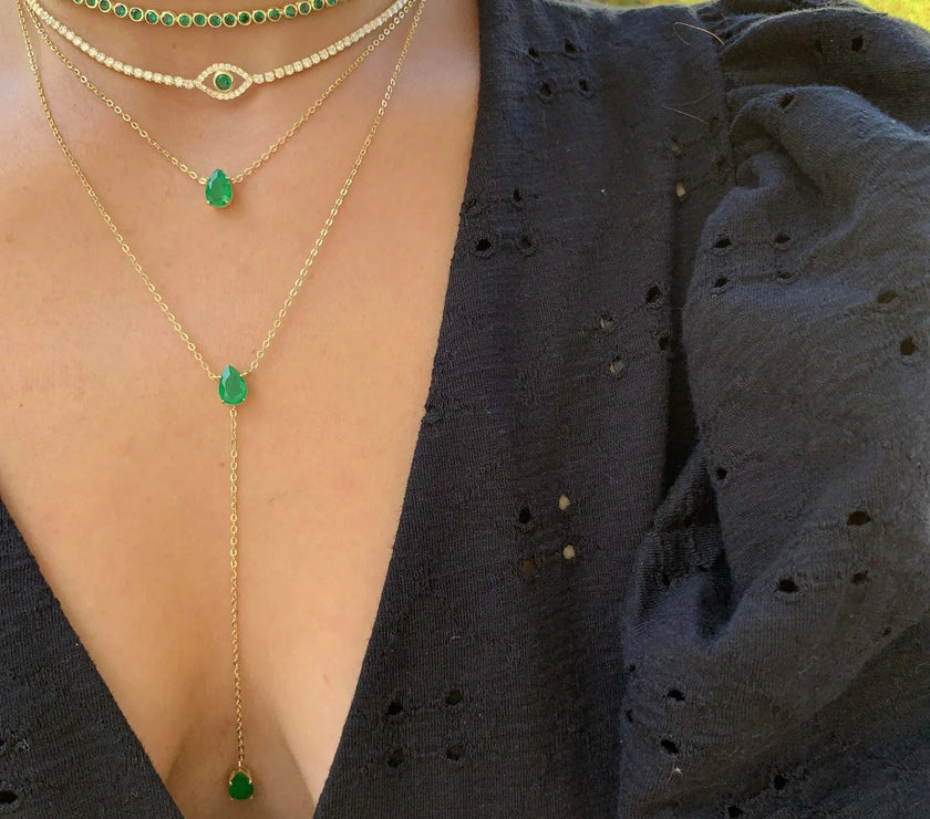 Gold Color Tear Drop Cubic Zirconia Double Layer Choker Lariat Long Women Necklace European Female Fashion Jewelry