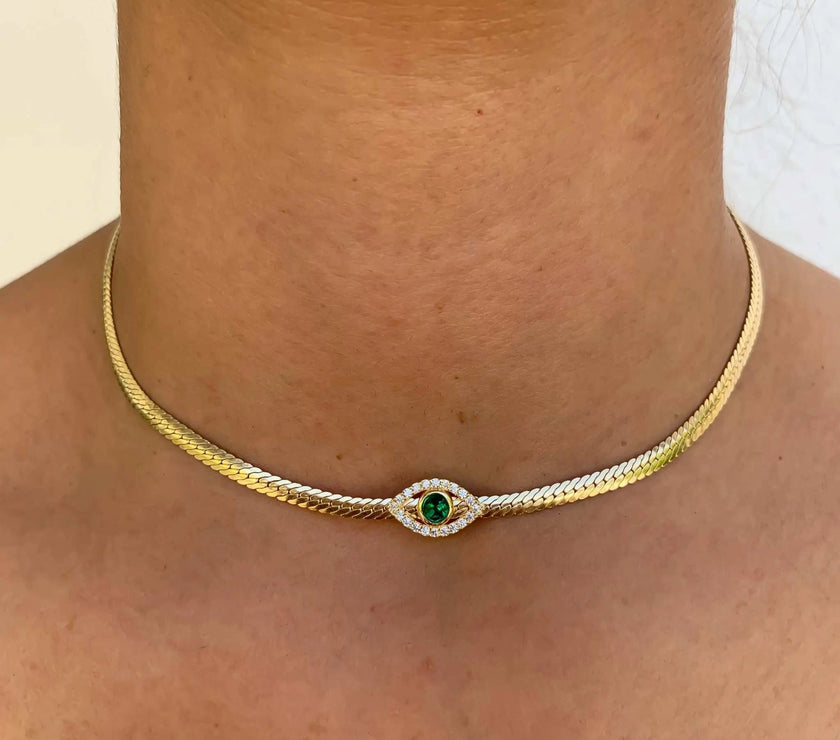 4MM Width Herringbone Chain CZ Evil Eye Charm Choker Necklace Gold Color 2023 New Design Fashion Women Jewelry