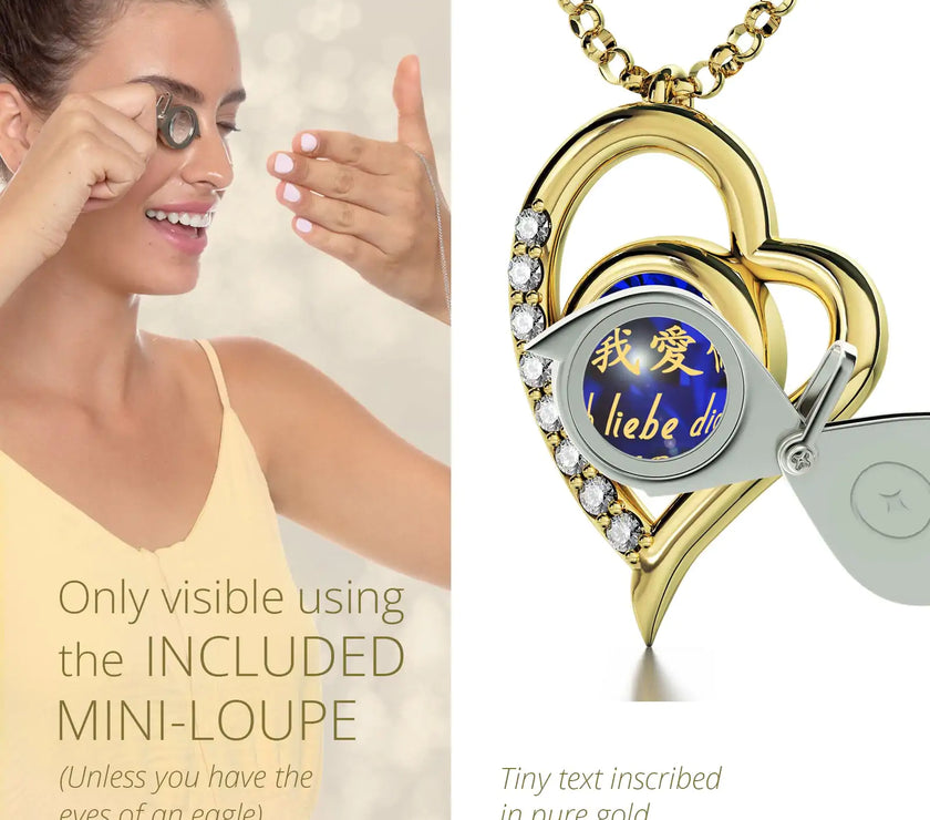 Gold Plated Silver I Love You Necklace Heart Pendant 12 Languages 24k Gold Inscribed