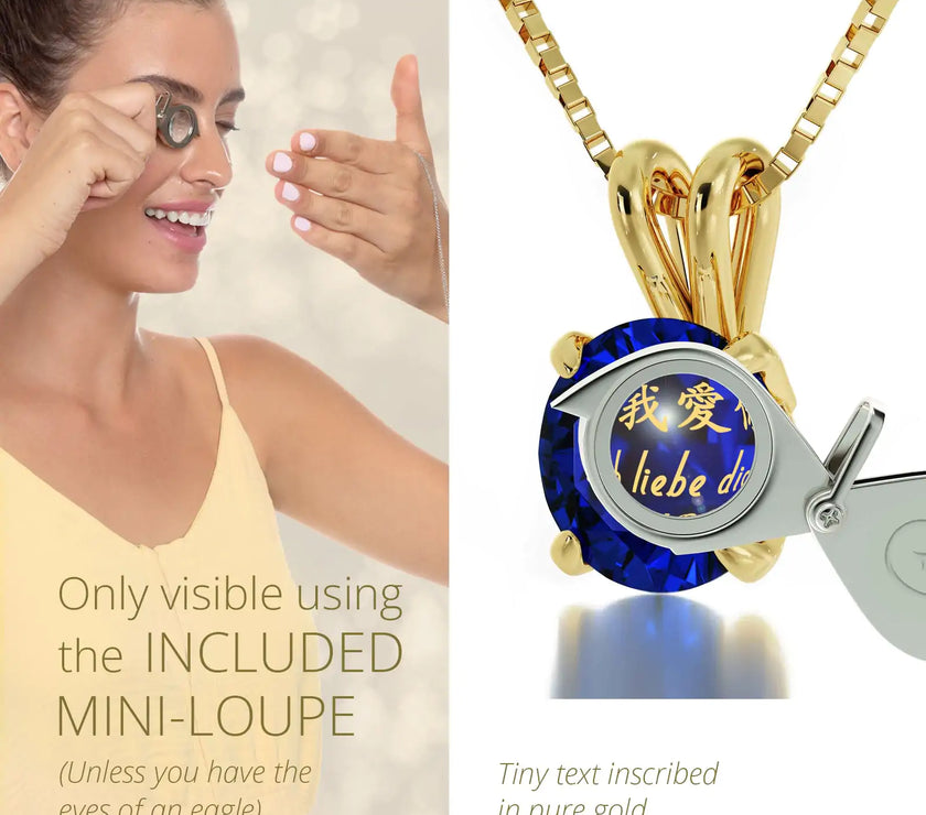 Gold Plated Silver I Love You Necklace Solitaire Pendant 12 Languages 24k Gold Inscribed