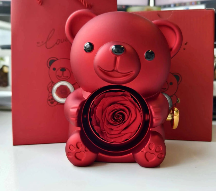 Allidy - Real Eternal Red Rose Teddy Bear Custom Name Necklace Jewelry Set Gift Box Christmas Valentine'S Birthday Wedding Gift