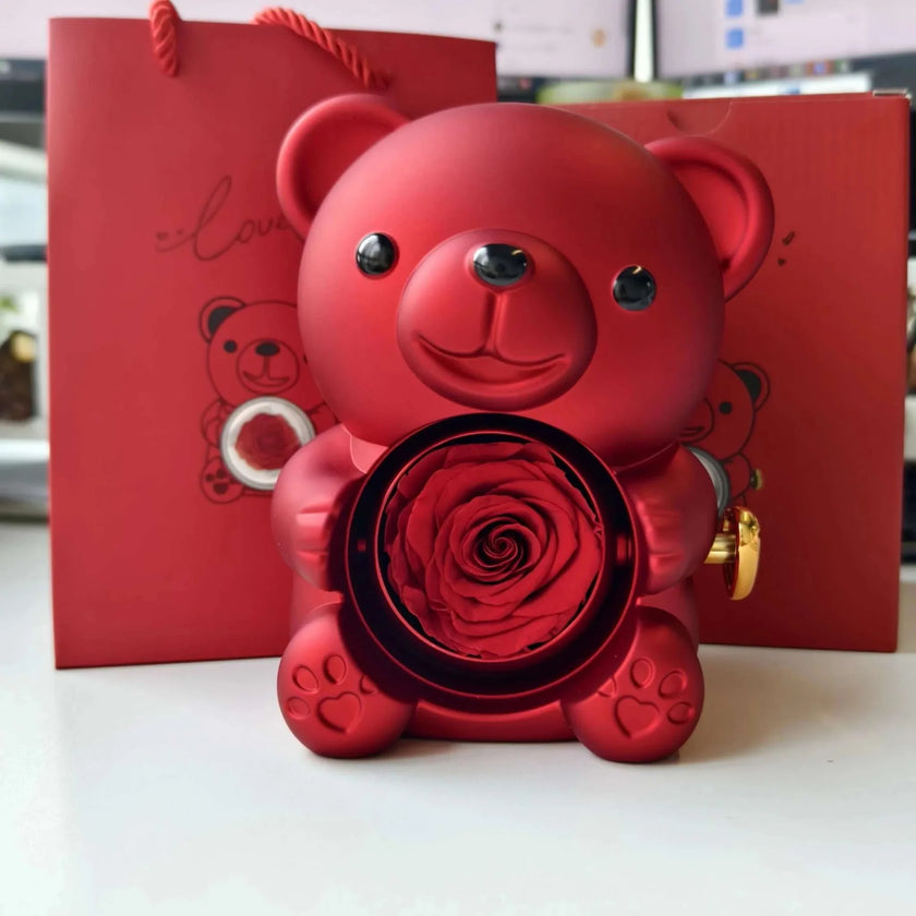 Allidy - Real Eternal Red Rose Teddy Bear Custom Name Necklace Jewelry Set Gift Box Christmas Valentine'S Birthday Wedding Gift