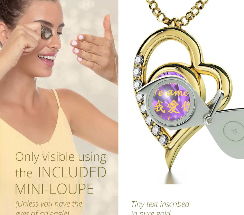 Gold Plated Silver I Love You Necklace Heart Pendant 12 Languages 24k Gold Inscribed