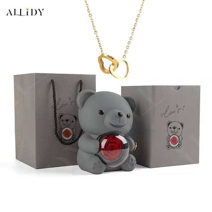 Allidy - Real Eternal Red Rose Teddy Bear Custom Name Necklace Jewelry Set Gift Box Christmas Valentine'S Birthday Wedding Gift