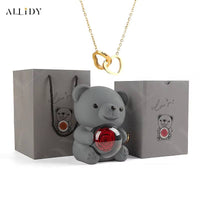 Allidy - Real Eternal Red Rose Teddy Bear Custom Name Necklace Jewelry Set Gift Box Christmas Valentine'S Birthday Wedding Gift