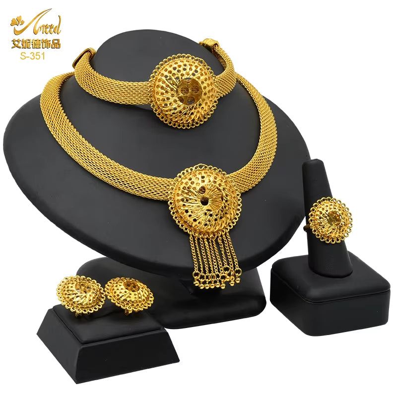 Dubai 24K Gold Color Jewelry Set for Women African Nigerian Necklace Set Earrings and Bracelets Bridal Indian Fashion