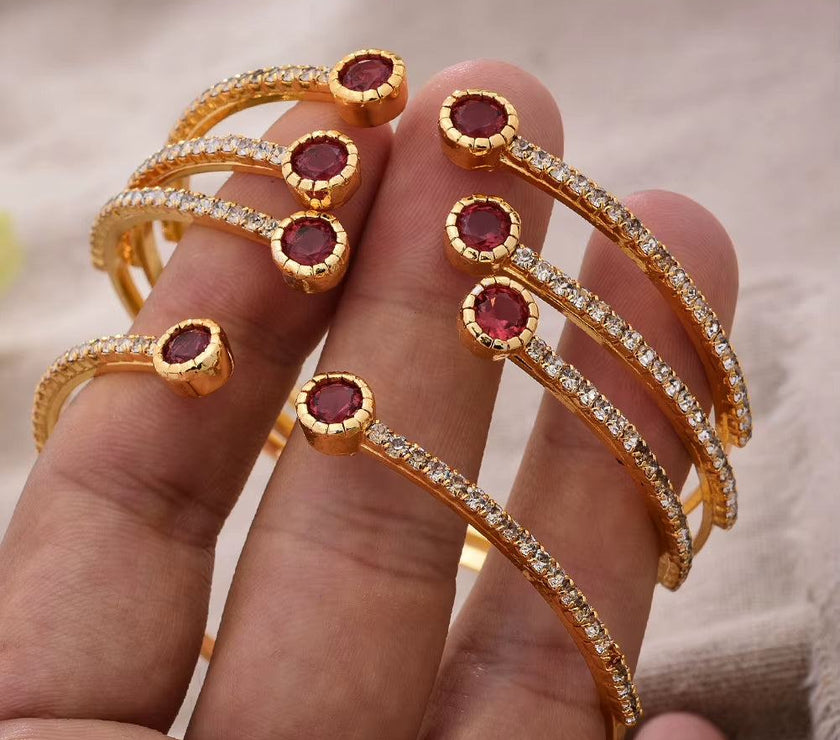 24K 4Pcs/Lot Dubai Ethiopian Gold Color Colored Stones Cuff Bangles for Women Wife Wedding Jewelry Bangles&Bracelet Gifts