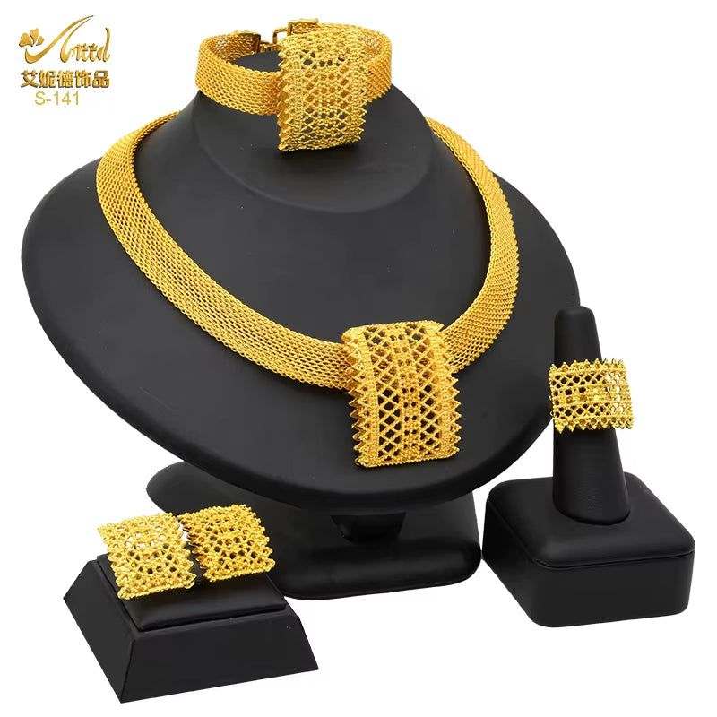 Dubai 24K Gold Color Jewelry Set for Women African Nigerian Necklace Set Earrings and Bracelets Bridal Indian Fashion