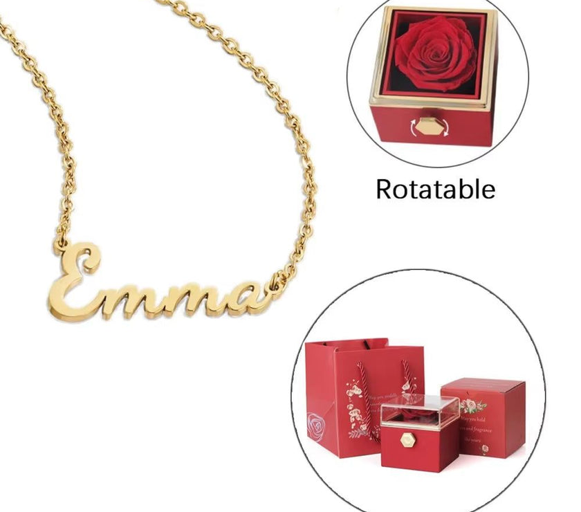 Twisted ETERNAL ROSE Box-Customized Name Necklace & REALROSE Flower Gift Box Heart Customize Jewelry Valentine'S Day Gift for Girlfriend