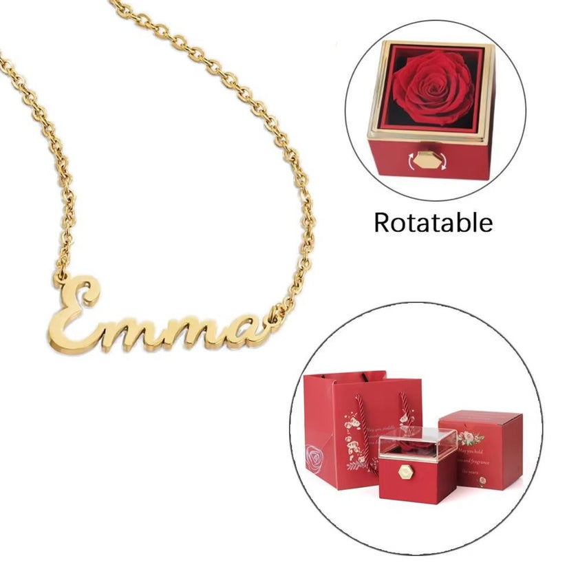 Twisted ETERNAL ROSE Box-Customized Name Necklace & REALROSE Flower Gift Box Heart Customize Jewelry Valentine'S Day Gift for Girlfriend