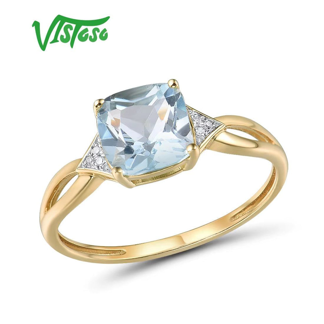 14K 585 Yellow Gold Ring for Women Diamond Sky Blue Topaz Rings Gold 585 Real Original Anniversary Fine Jewelry