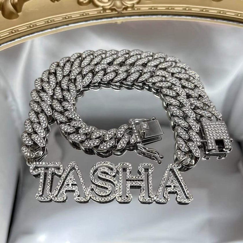 Custom Bling Name Necklace Zircon Name Necklace 12Mm Miami Cuban Link Choker 3D Hollow Name Pendant Men Necklace Father Day Gift
