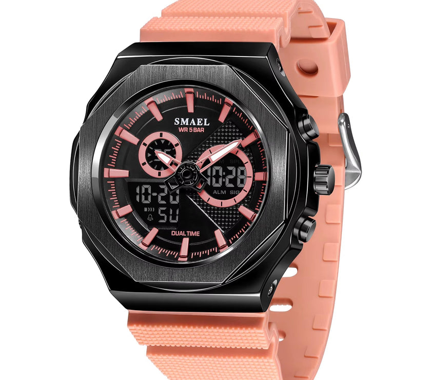 SMAEL Sport Watches Women 50M Waterproof Lady Watches Pink Lover Gifts 8102 Dual Time Diaplay Watches Digital LED Back Light