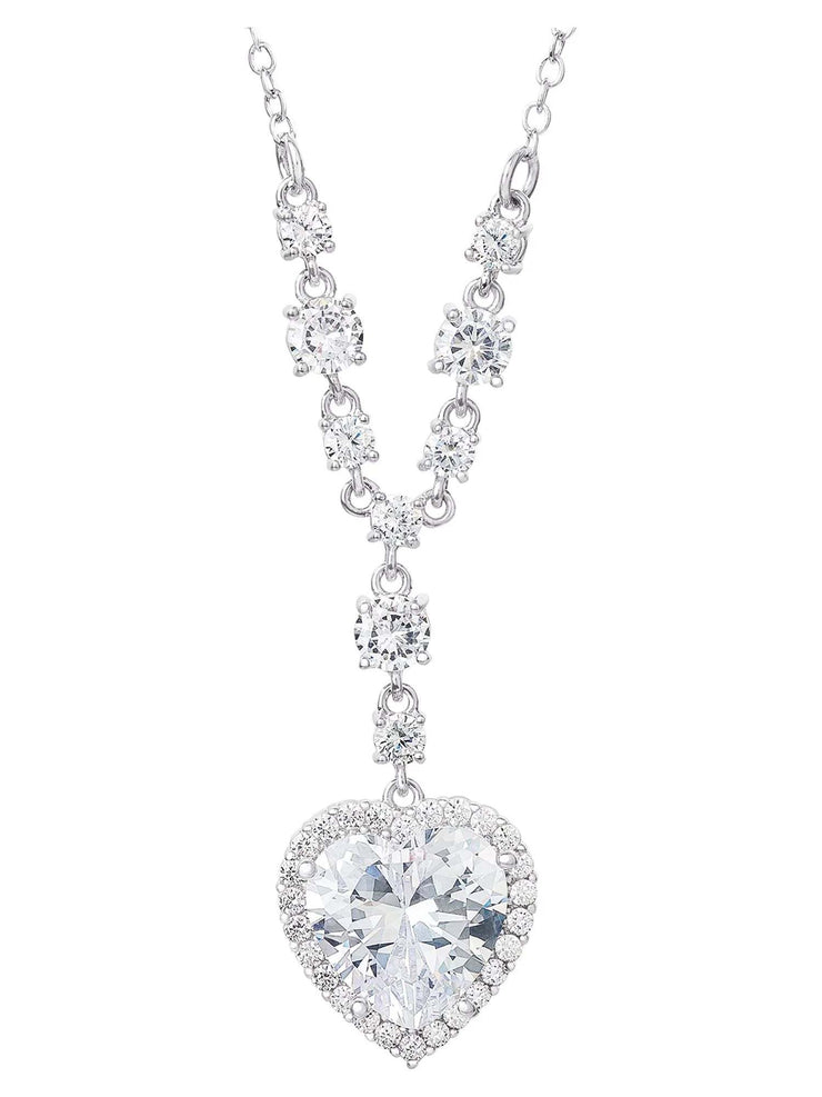 18-inch chain- Women'S Silver Plated Cubic Zirconia Heart Pendant Necklace, 18"