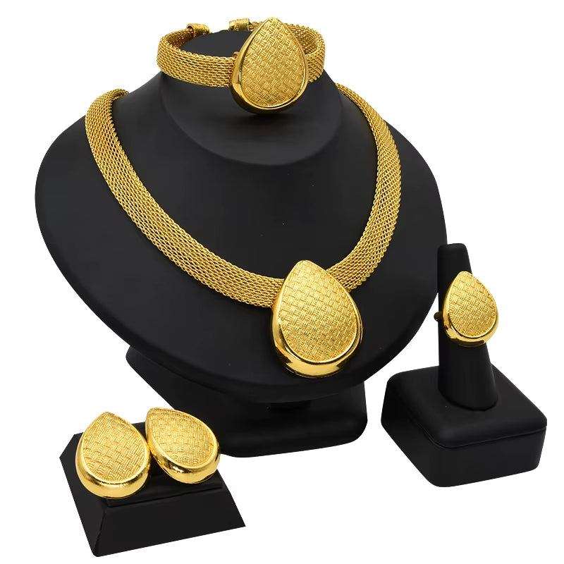 Dubai 24K Gold Color Jewelry Set for Women African Nigerian Necklace Set Earrings and Bracelets Bridal Indian Fashion