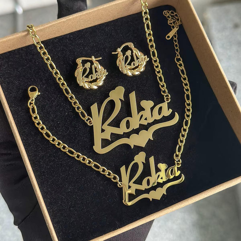 DHQH Original New Custom Name Set Jewelry Stainless Steel Love Crown Name Pendant Engraved Name Children'S Bracelet Necklace Set