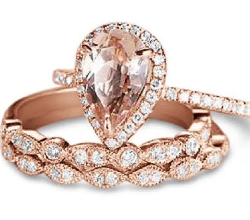 1.75 Carat Pear Cut Lab Created Morganite Art Deco Trio Bridal Set in 18K Rose Gold over Silver
