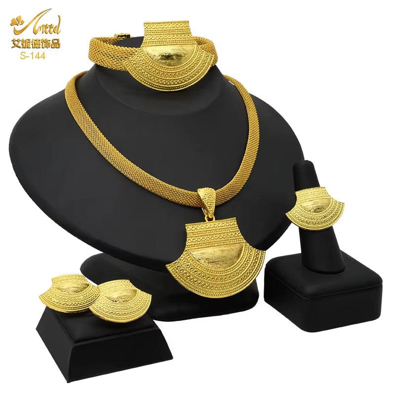 Dubai 24K Gold Color Jewelry Set for Women African Nigerian Necklace Set Earrings and Bracelets Bridal Indian Fashion