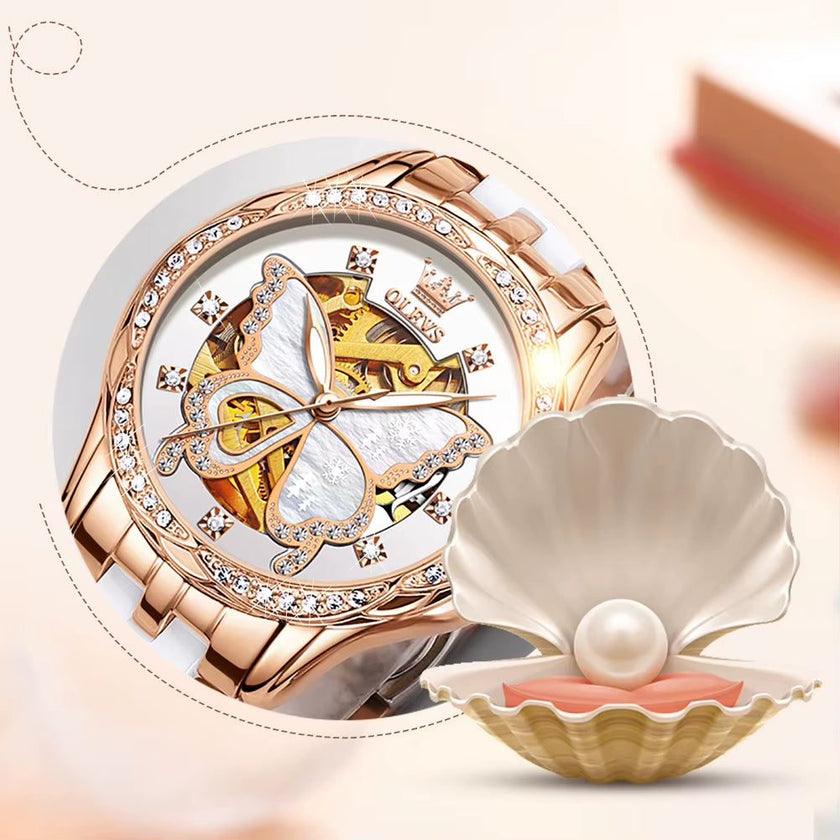 Automatic Watches for Women Luxury Rose Gold Skeleton Mechanical Waterproof Luminous Women Bracelets Watches Elegant Set