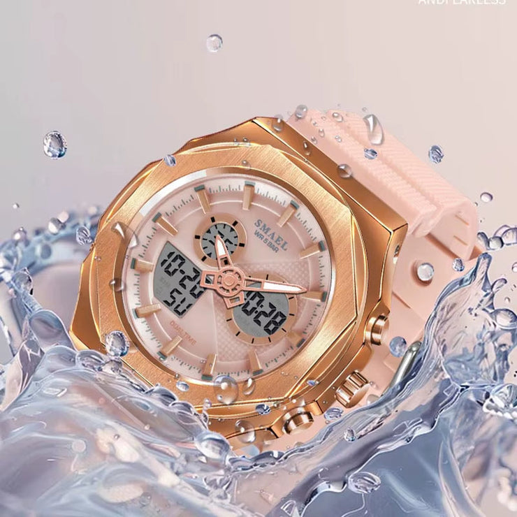 SMAEL Sport Watches Women 50M Waterproof Lady Watches Pink Lover Gifts 8102 Dual Time Diaplay Watches Digital LED Back Light