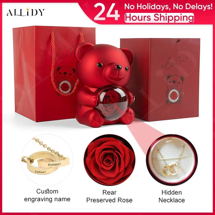 Women's Red Eternal Rose Teddy Bear with Stainless Steel Custom Names Necklace Jewelry Gifts Set for Woman Valentine'S Gift