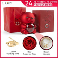 Women's Red Eternal Rose Teddy Bear with Stainless Steel Custom Names Necklace Jewelry Gifts Set for Woman Valentine'S Gift