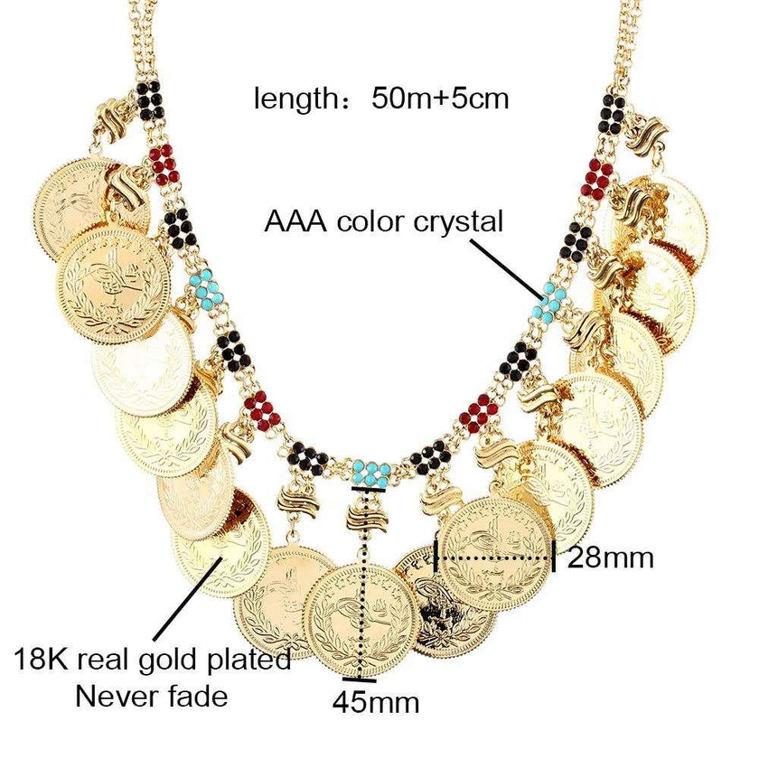 Fashion Color Austrian Crystal Golden Oman Coin Allah Tassel Women Charm Necklaces Muslim Party Wedding Luxury Jewelry Gift
