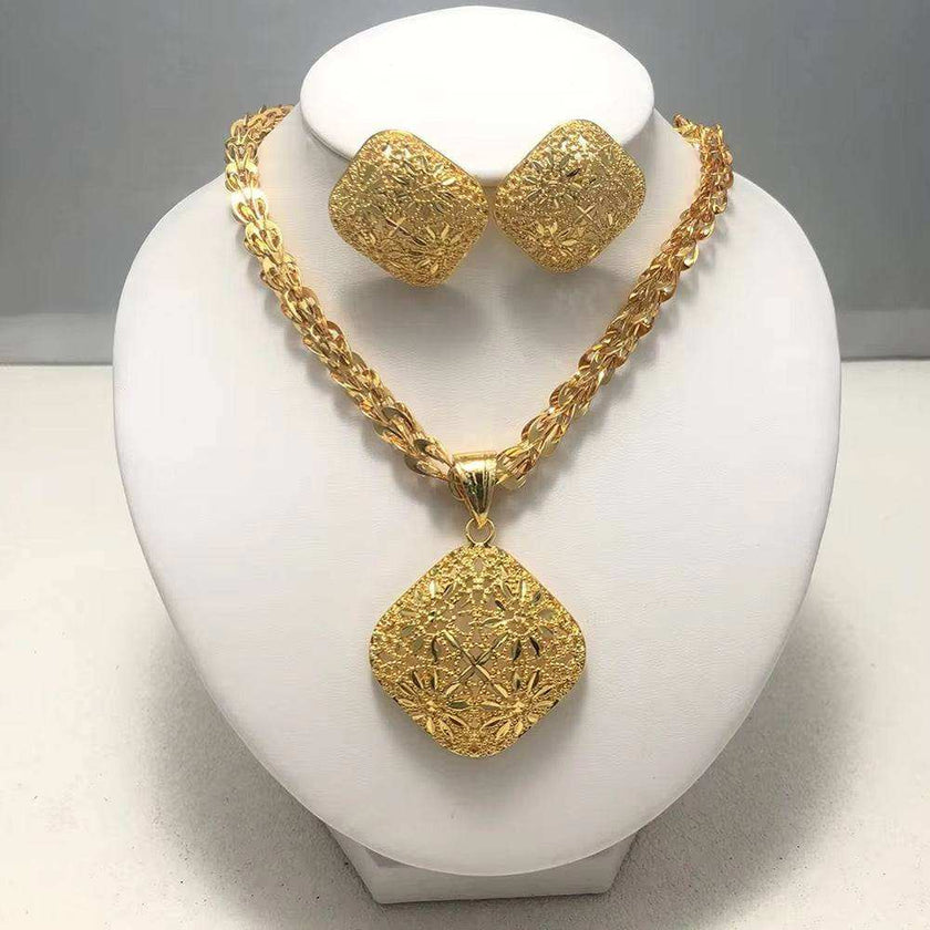 Fashion New Gold Color Wedding Jewelry Set Party Bride Women with Earrings Necklace