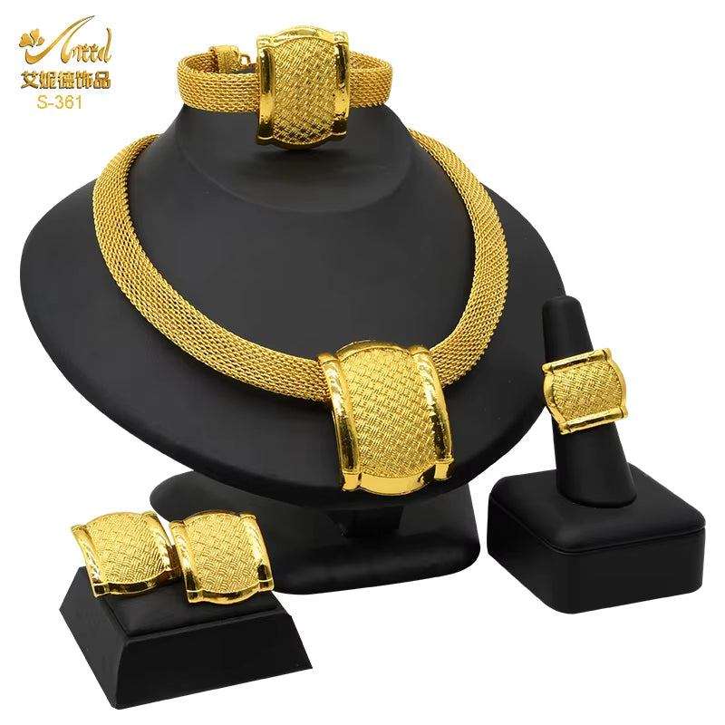 Dubai 24K Gold Color Jewelry Set for Women African Nigerian Necklace Set Earrings and Bracelets Bridal Indian Fashion