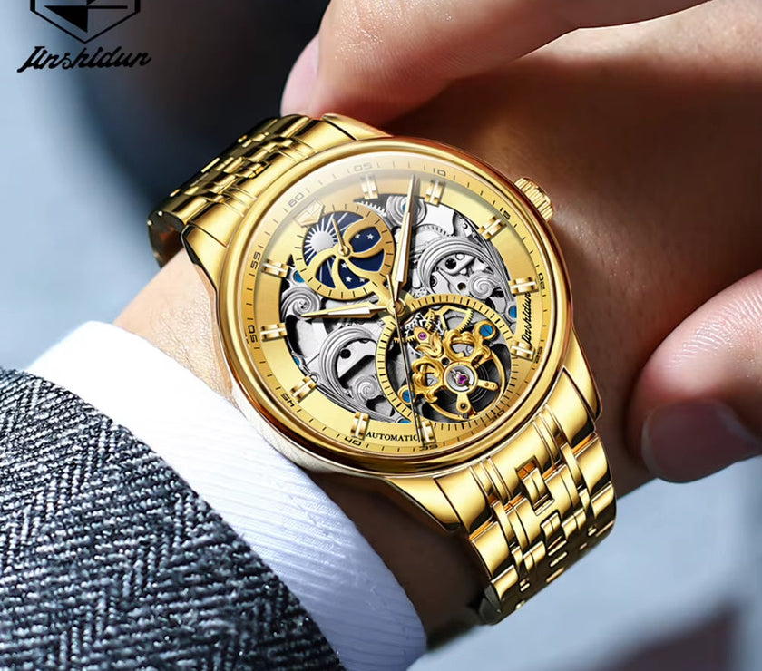 JSDUN Certified Automatic Watch for Men Skeleton Stainless Steel Waterproof Watches Business Gold Watch Top Brand Men'S Watches