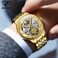 JSDUN Certified Automatic Watch for Men Skeleton Stainless Steel Waterproof Watches Business Gold Watch Top Brand Men'S Watches