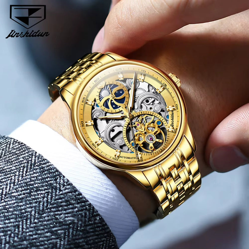 JSDUN Certified Automatic Watch for Men Skeleton Stainless Steel Waterproof Watches Business Gold Watch Top Brand Men'S Watches