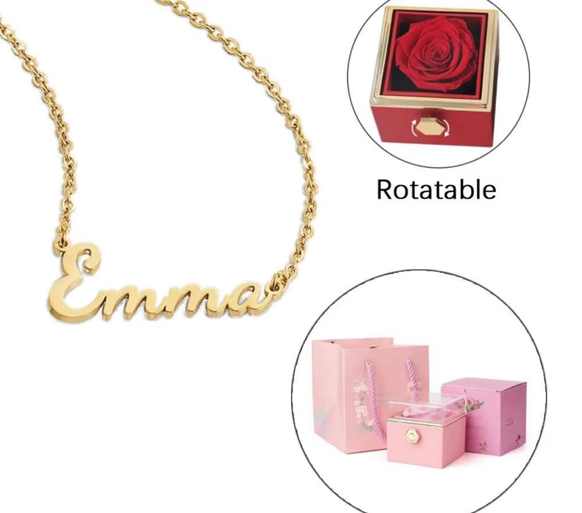 Twisted ETERNAL ROSE Box-Customized Name Necklace & REALROSE Flower Gift Box Heart Customize Jewelry Valentine'S Day Gift for Girlfriend