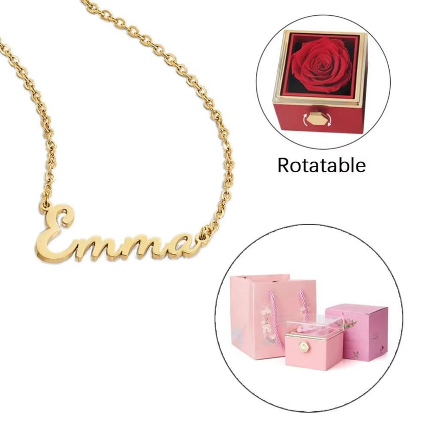 Twisted ETERNAL ROSE Box-Customized Name Necklace & REALROSE Flower Gift Box Heart Customize Jewelry Valentine'S Day Gift for Girlfriend