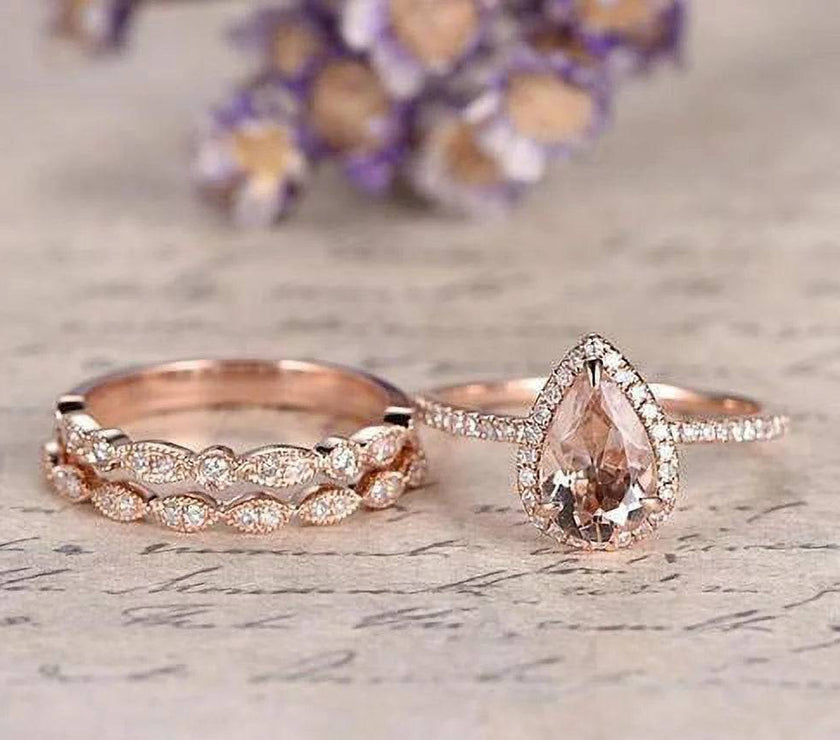 1.75 Carat Pear Cut Lab Created Morganite Art Deco Trio Bridal Set in 18K Rose Gold over Silver