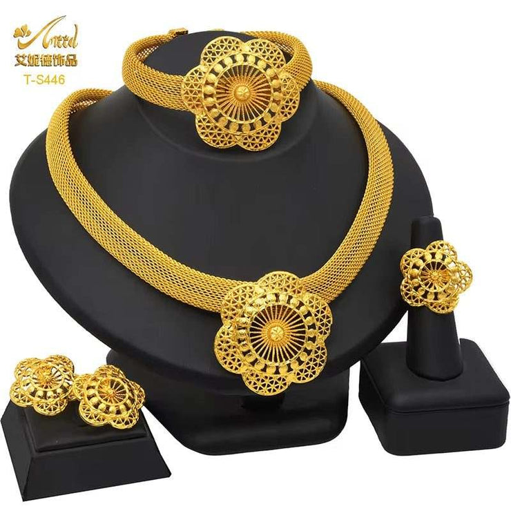 Dubai 24K Gold Color Jewelry Set for Women African Nigerian Necklace Set Earrings and Bracelets Bridal Indian Fashion