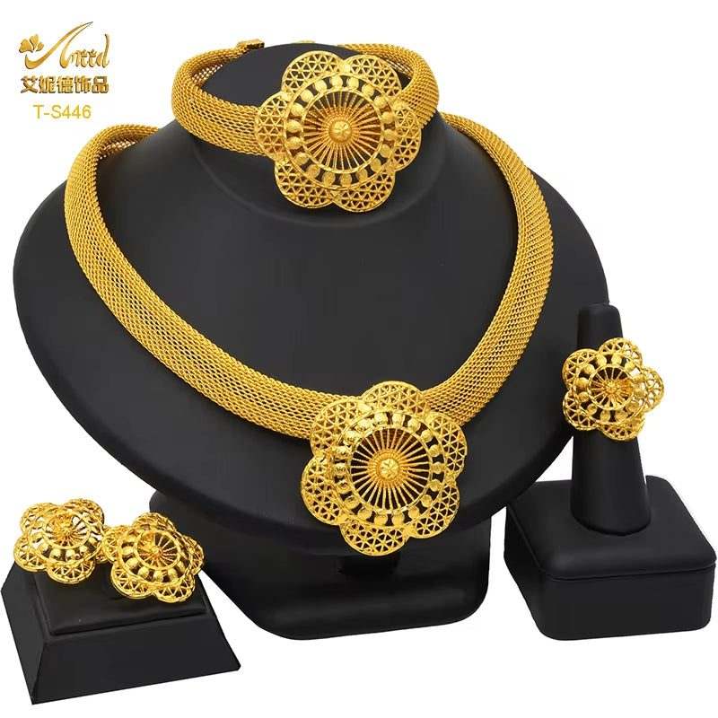 Dubai 24K Gold Color Jewelry Set for Women African Nigerian Necklace Set Earrings and Bracelets Bridal Indian Fashion