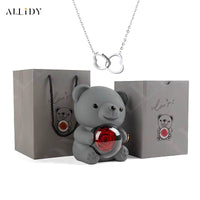 Allidy - Real Eternal Red Rose Teddy Bear Custom Name Necklace Jewelry Set Gift Box Christmas Valentine'S Birthday Wedding Gift