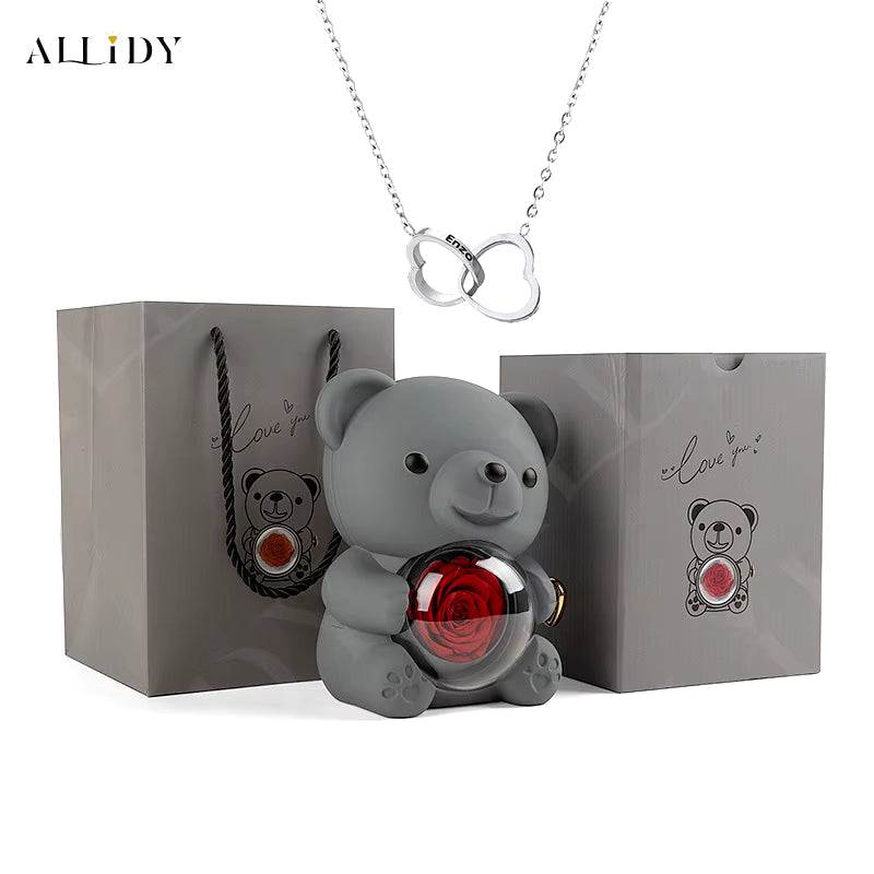 Allidy - Real Eternal Red Rose Teddy Bear Custom Name Necklace Jewelry Set Gift Box Christmas Valentine'S Birthday Wedding Gift